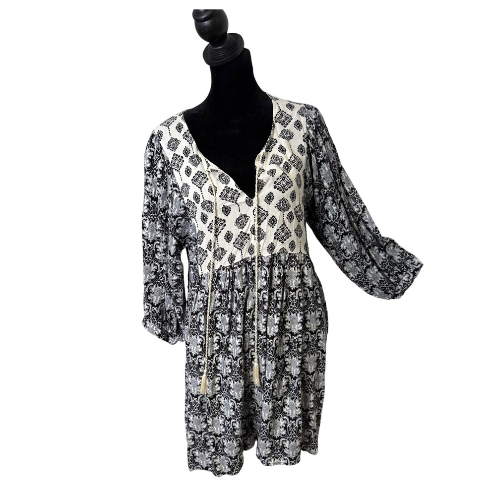 Umgee Babydoll Tunic Mini Dress Womens M Puff Balloon Sleeve Black White Tassel